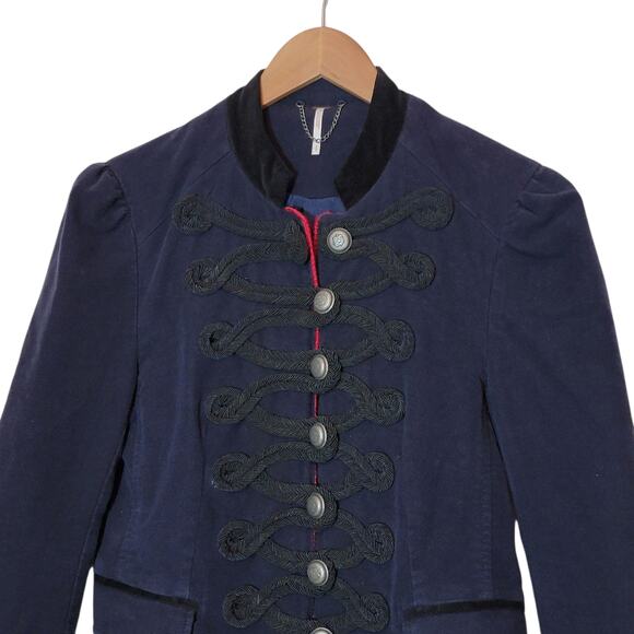 Free People Velvet Military Band Jacket Navy Blue Structured Statement Luxe S - Picture 3 of 14